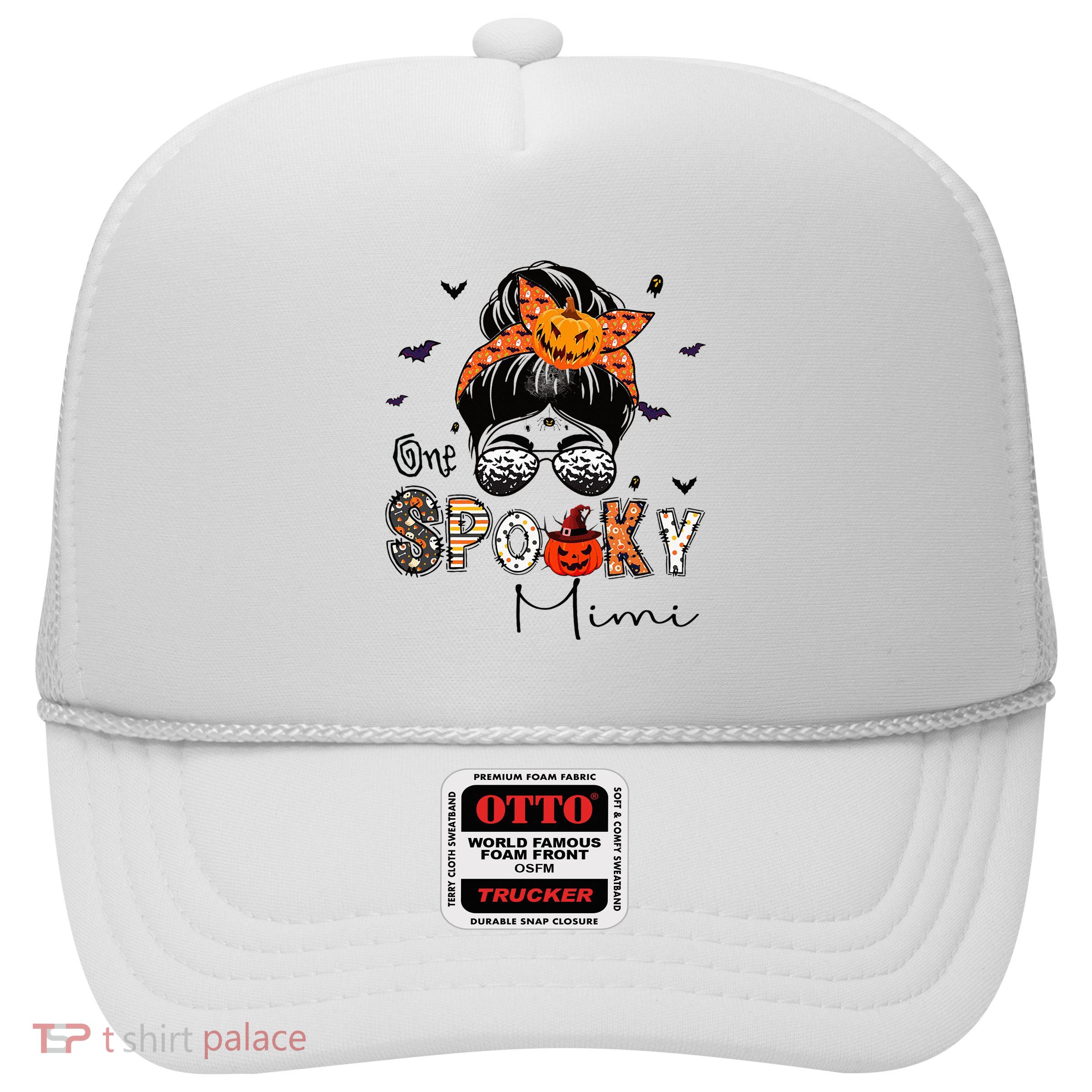 One Spooky Mimi Messy Bun Grandma Pumpkin Halloween  Trucker Hat