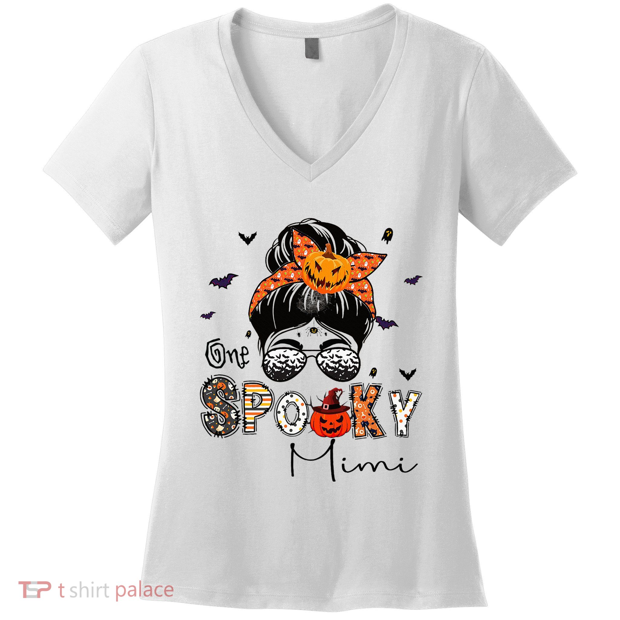 One Spooky Mimi Messy Bun Grandma Pumpkin Halloween  Women's V-Neck T-Shirt