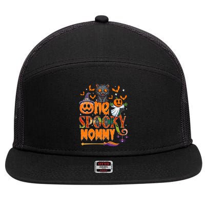 One Spooky Mommy Funny Halloween Mommy Black Cat Ghost Great Gift 7 Panel Mesh Trucker Snapback Hat