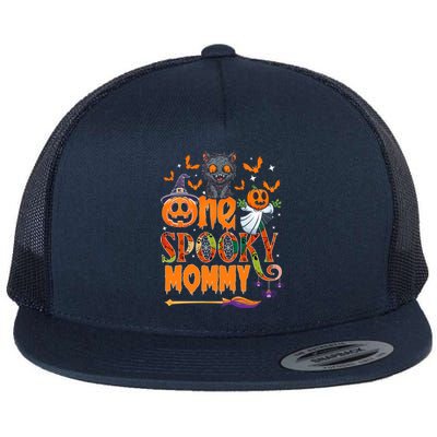 One Spooky Mommy Funny Halloween Mommy Black Cat Ghost Great Gift Flat Bill Trucker Hat