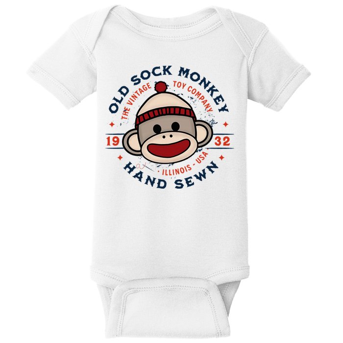 Old Sock Monkey Vintage Toy Company Logo Sock Monkey Baby Bodysuit