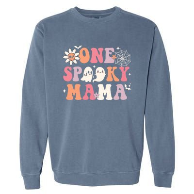 One Spooky Mama Ghost Halloween Groovy Retro Trick Or Treat Gift Garment-Dyed Sweatshirt