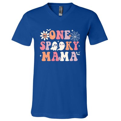 One Spooky Mama Ghost Halloween Groovy Retro Trick Or Treat Gift V-Neck T-Shirt