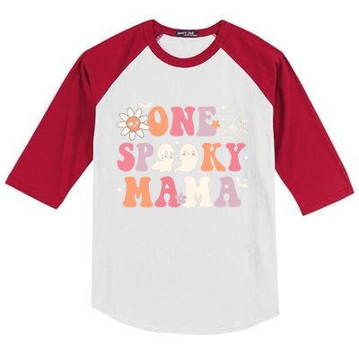 One Spooky Mama Ghost Halloween Groovy Retro Trick Or Treat Gift Kids Colorblock Raglan Jersey