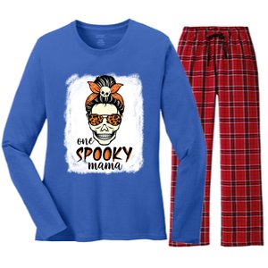 One Spooky Mama Gift Messy Bun Witch Mom Halloween Funny Gift Women's Long Sleeve Flannel Pajama Set 