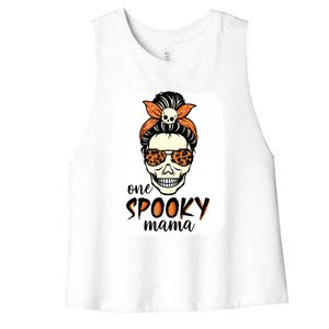 One Spooky Mama Gift Messy Bun Witch Mom Halloween Funny Gift Women's Racerback Cropped Tank