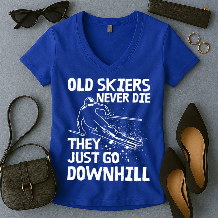 Old Skiers Never Die They Go Downhill Ski Retirement Skiing Women's V-Neck T-Shirt