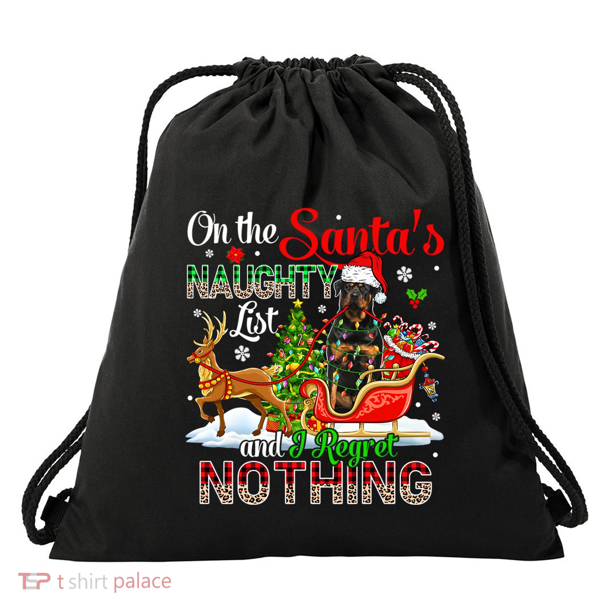 On SantaS Naughty List Regretting Nothing Santa Rottweiler Gift Drawstring Bag