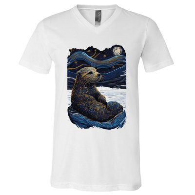 Otter Starry Night V-Neck T-Shirt