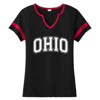 Ohio State OH USA Varsity Style White Font Ladies Halftime Notch Neck Tee