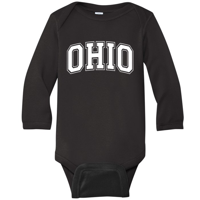 Ohio State OH USA Varsity Style White Font Baby Long Sleeve Bodysuit