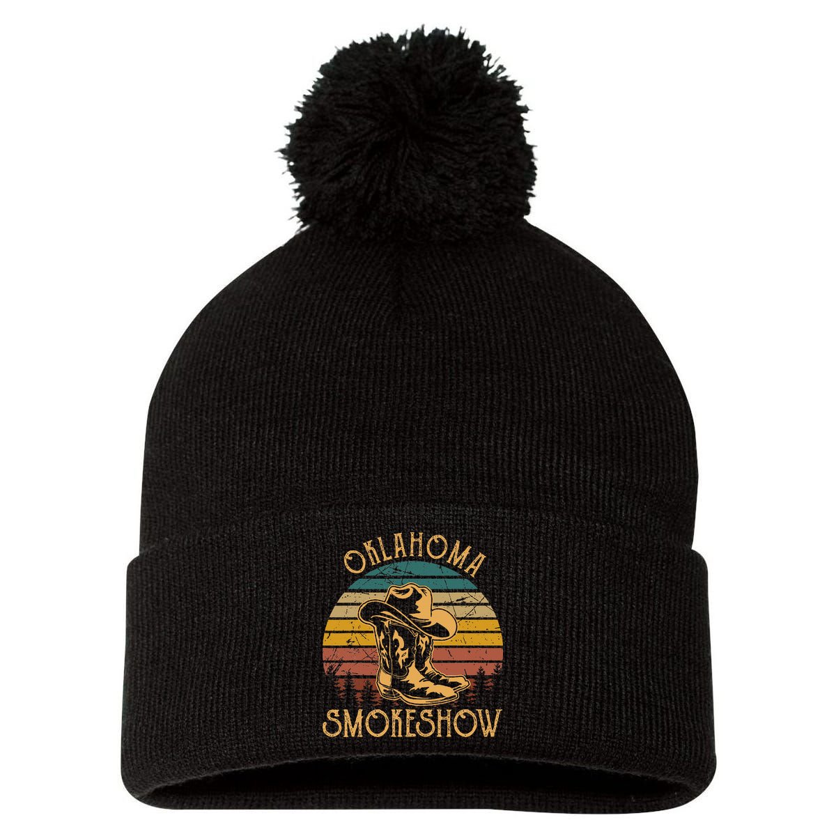 Oklahoma Smokeshow Retro Cow Boots And Hats Pom Pom 12in Knit Beanie