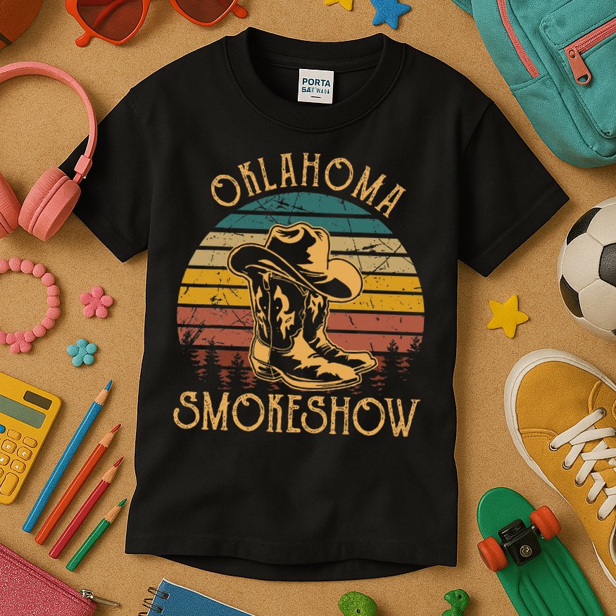 Oklahoma Smokeshow Retro Cow Boots And Hats Kids T-Shirt