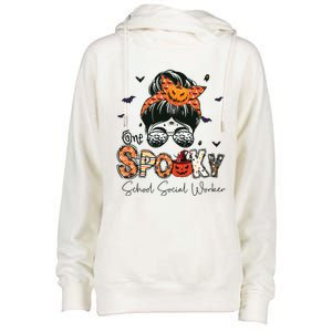 One Spooky School Social Worker Messy Bun Women Halloween Womens Funnel Neck Pullover Hood