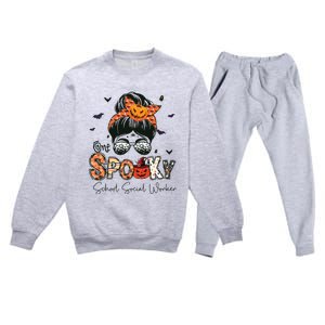 One Spooky School Social Worker Messy Bun Women Halloween Premium Crewneck Sweatsuit Set