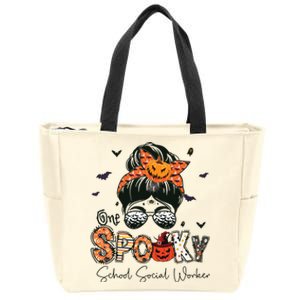 One Spooky School Social Worker Messy Bun Women Halloween Zip Tote Bag