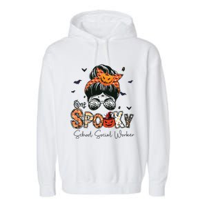 One Spooky School Social Worker Messy Bun Women Halloween Garment-Dyed Fleece Hoodie