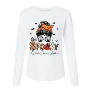 One Spooky School Social Worker Messy Bun Women Halloween Womens Cotton Relaxed Long Sleeve T-Shirt