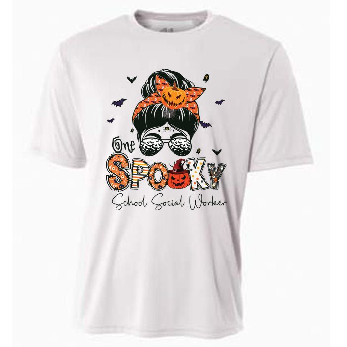 One Spooky School Social Worker Messy Bun Women Halloween Cooling Performance Crew T-Shirt