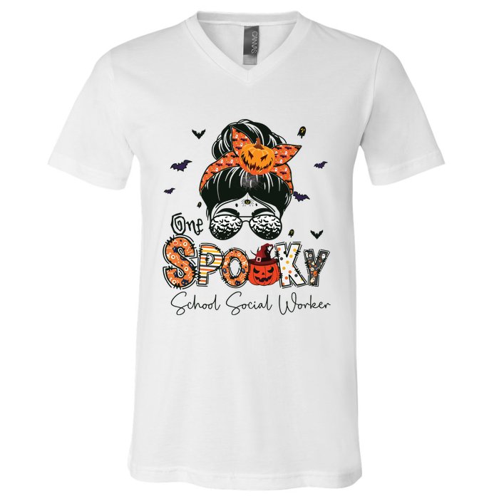 One Spooky School Social Worker Messy Bun Women Halloween V-Neck T-Shirt