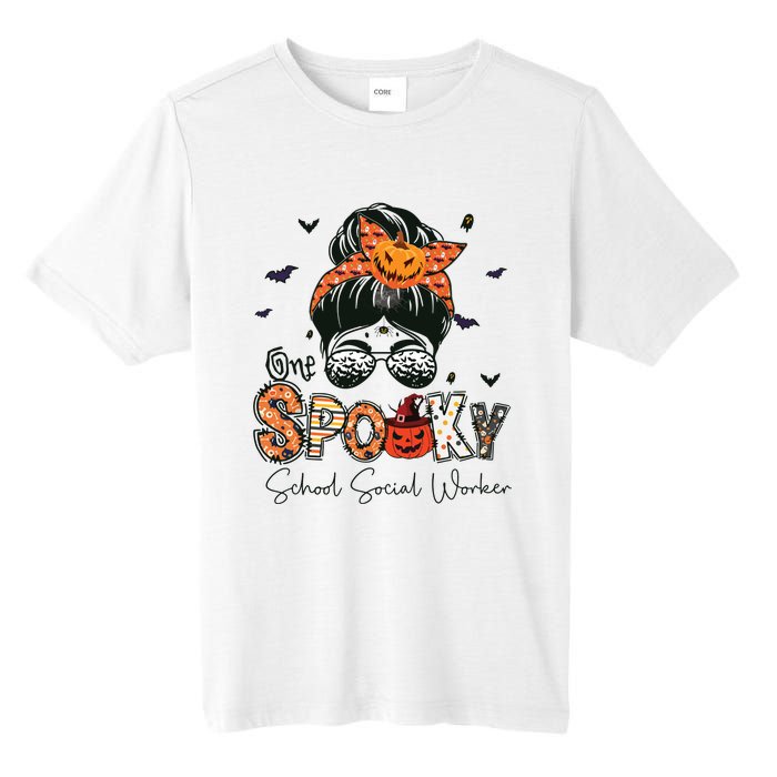 One Spooky School Social Worker Messy Bun Women Halloween Tall Fusion ChromaSoft Performance T-Shirt