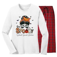 One Spooky School Social Worker Messy Bun Women Halloween Women's Long Sleeve Flannel Pajama Set 