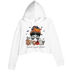 One Spooky School Social Worker Messy Bun Women Halloween Crop Fleece Hoodie