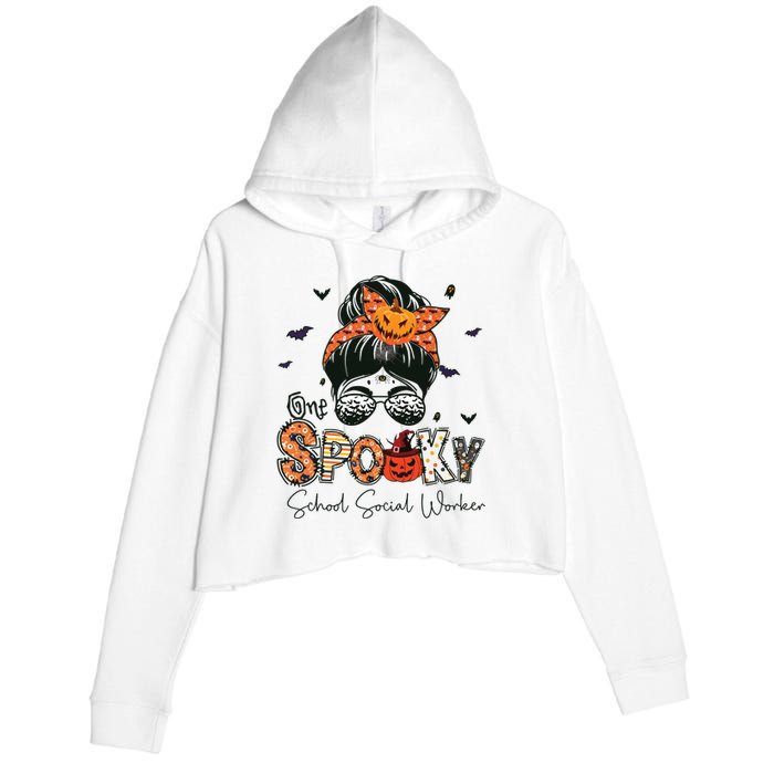 One Spooky School Social Worker Messy Bun Women Halloween Crop Fleece Hoodie