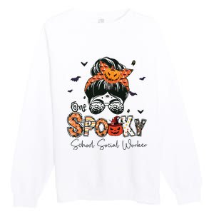 One Spooky School Social Worker Messy Bun Women Halloween Premium Crewneck Sweatshirt