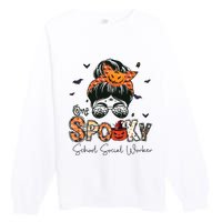 One Spooky School Social Worker Messy Bun Women Halloween Premium Crewneck Sweatshirt