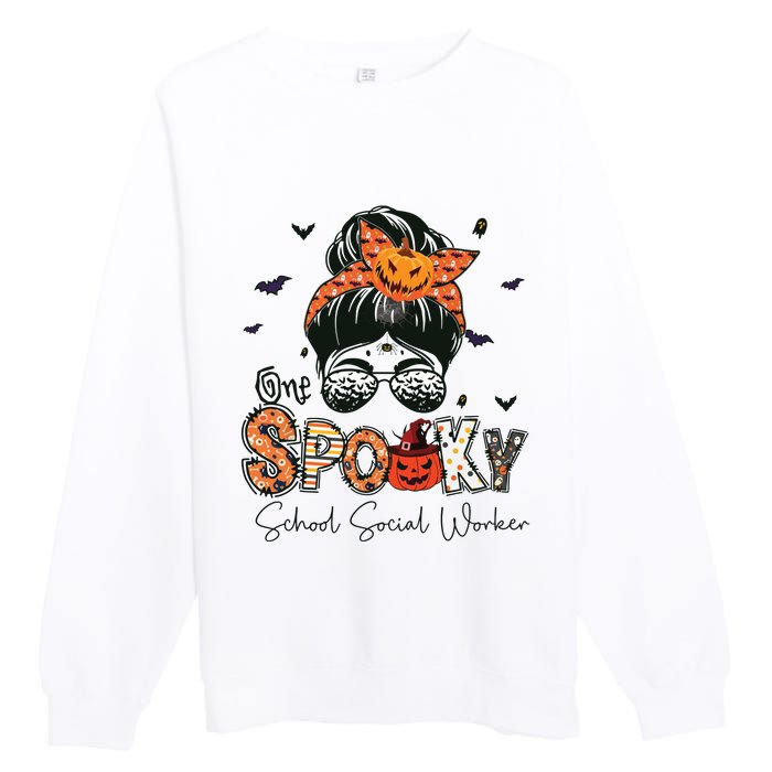 One Spooky School Social Worker Messy Bun Women Halloween Premium Crewneck Sweatshirt