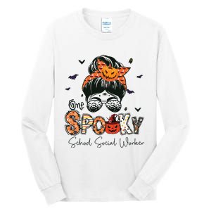 One Spooky School Social Worker Messy Bun Women Halloween Tall Long Sleeve T-Shirt