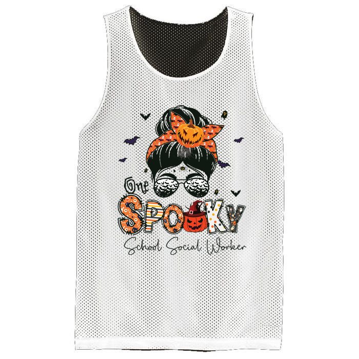 One Spooky School Social Worker Messy Bun Women Halloween Mesh Reversible Basketball Jersey Tank