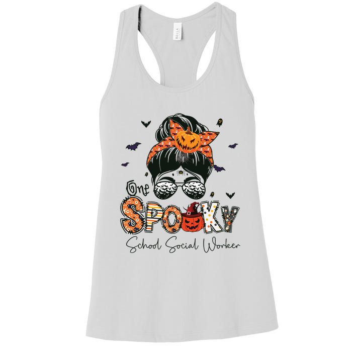 One Spooky School Social Worker Messy Bun Women Halloween Women's Racerback Tank