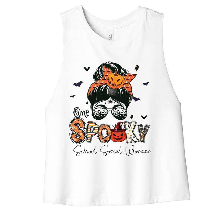 One Spooky School Social Worker Messy Bun Women Halloween Women's Racerback Cropped Tank