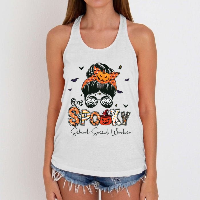 One Spooky School Social Worker Messy Bun Women Halloween Women's Knotted Racerback Tank