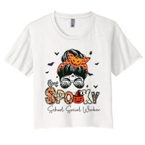 One Spooky School Social Worker Messy Bun Women Halloween Women's Crop Top Tee