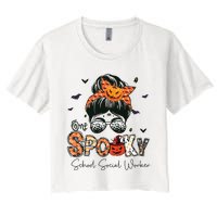 One Spooky School Social Worker Messy Bun Women Halloween Women's Crop Top Tee