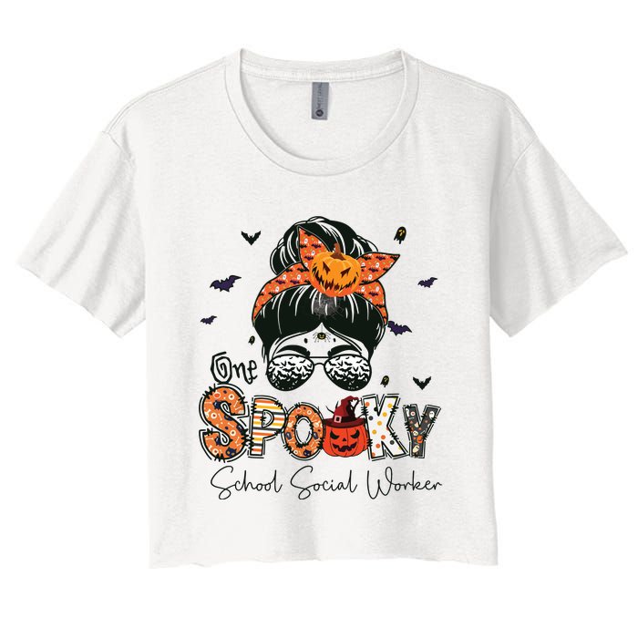 One Spooky School Social Worker Messy Bun Women Halloween Women's Crop Top Tee