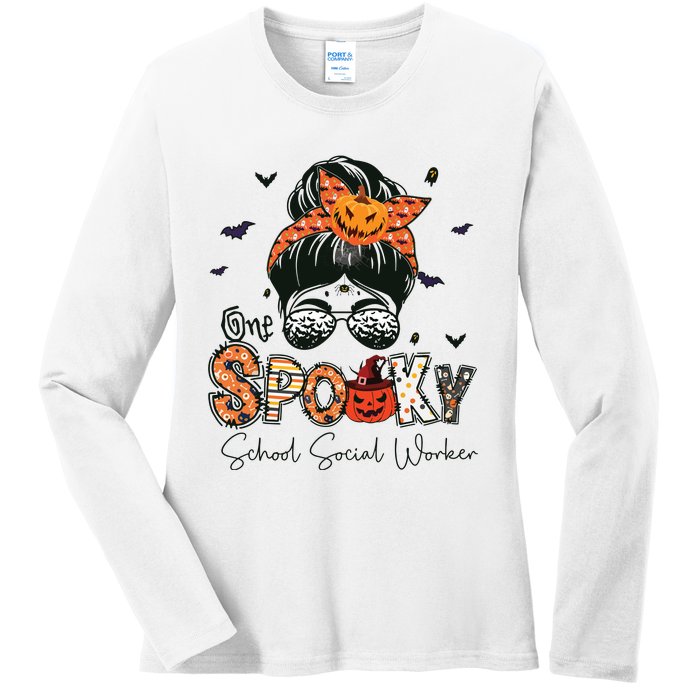 One Spooky School Social Worker Messy Bun Women Halloween Ladies Long Sleeve Shirt