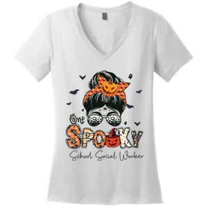 One Spooky School Social Worker Messy Bun Women Halloween Women's V-Neck T-Shirt