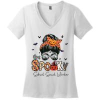 One Spooky School Social Worker Messy Bun Women Halloween Women's V-Neck T-Shirt