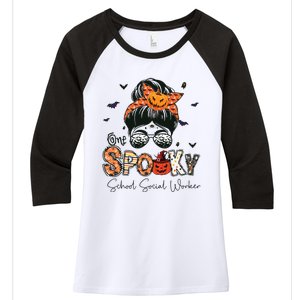 One Spooky School Social Worker Messy Bun Women Halloween Women's Tri-Blend 3/4-Sleeve Raglan Shirt