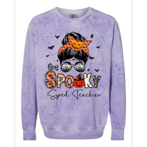 One Spooky Sped Teacher Messy Bun Women Pumpkin Halloween Colorblast Crewneck Sweatshirt