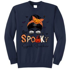 One Spooky Sped Teacher Messy Bun Women Pumpkin Halloween Tall Sweatshirt