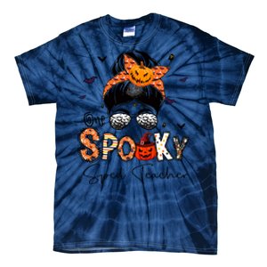 One Spooky Sped Teacher Messy Bun Women Pumpkin Halloween Tie-Dye T-Shirt