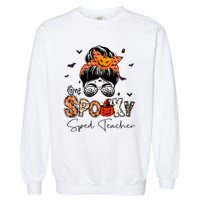 One Spooky Sped Teacher Messy Bun Women Pumpkin Halloween Garment-Dyed Sweatshirt