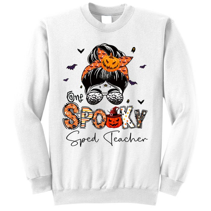 One Spooky Sped Teacher Messy Bun Women Pumpkin Halloween Sweatshirt