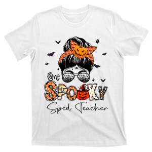 One Spooky Sped Teacher Messy Bun Women Pumpkin Halloween T-Shirt