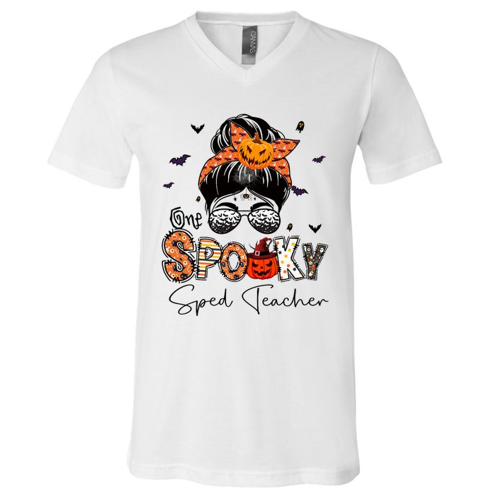 One Spooky Sped Teacher Messy Bun Women Pumpkin Halloween V-Neck T-Shirt